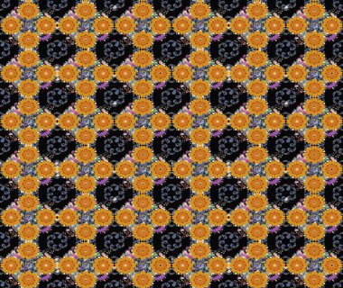 Çok renkli, zarif küçük çiçekler ve siyah renkli komik böcekler, raster desen, illüstrasyon..