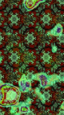 Renkli grunge, koyu yeşil ve kahverengi çiçeklerle soyut bir arka plan oluşturur. Nakış desenli çiçek deseni. İzler, kumaş, duvar kağıtları, tekstil için raster dokusu.