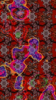 Raster Çiçek İllüstrasyonu güzel tekstil. Kırmızı, kahverengi ve siyah renkte etnik çiçeklerle süslenmiş zarif eskiz deseni.