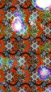 Çiçek desenli çizim. Raster illüstrasyonu. Asya tekstil tarzında. Raster illüstrasyonu. Renkli çiçekler.