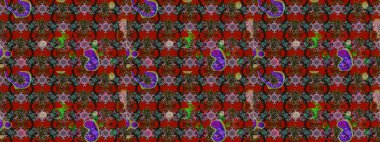 Renkli ve kahverengi raster çizimi. Bir sürü kırmızı ve kahverengi soyut çiçekli tropik eskiz deseni. Küçük çiçekte sevimli çiçek deseni var..