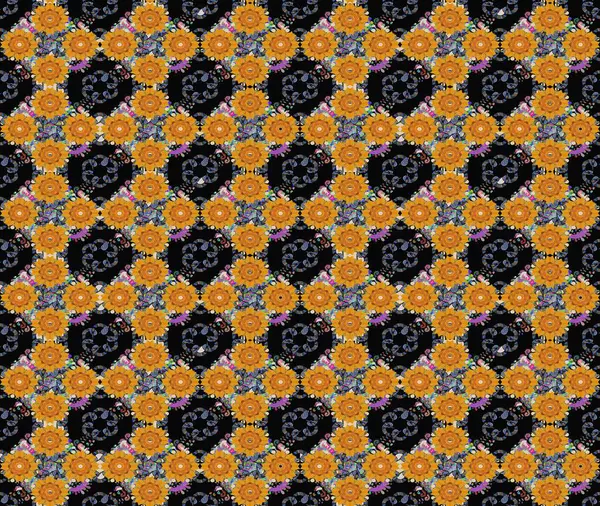 Çok renkli, zarif küçük çiçekler ve siyah renkli komik böcekler, raster desen, illüstrasyon..