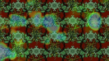 1950-1960 motifleri. Çiçekli ipek eşarp. El çizimi çiçek unsurları olan soyut çizim raster deseni. Yeşil ve kahverengi, yeşil ve kahverengi. Retro tekstil tasarım koleksiyonu.