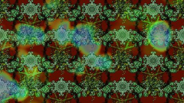 1950-1960 motifleri. Çiçekli ipek eşarp. El çizimi çiçek unsurları olan soyut çizim raster deseni. Yeşil ve kahverengi, yeşil ve kahverengi. Retro tekstil tasarım koleksiyonu.