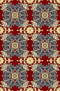 Altın desenli gri, kırmızı ve bej renklerde altın elementler. Kusursuz desenli oryantal süs. İslam tasarımı. Raster altın tekstil baskısı. Çiçek karoları.