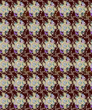 Tekstil için suluboya eskiz deseni. Şirin çiçekli, desenli, kahverengi renkli bir eskiz deseni. El çizimi çiçek çizimi deseni (fayans)).