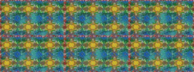 Çok yeşil ve mavi zarif küçük çiçekler ve yeşil ve mavi renkli komik böcekler, raster desen, illüstrasyon.