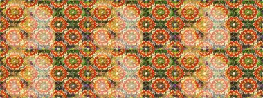 Çiçek kiremitleri. Raster altın tekstil baskısı. Kusursuz desenli oryantal süs. İslam tasarımı. Turuncu renklerde altın desenli altın elementler.