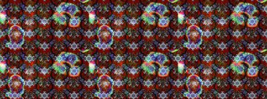 Renkli ve kahverengi raster çizimi. Bir sürü kırmızı ve kahverengi soyut çiçekli tropik eskiz deseni. Küçük çiçekte sevimli çiçek deseni var..