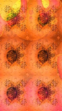 Çiçek desenli çizim. Raster illüstrasyonu. Turuncu ve kahverengi renkli Asya tekstili.