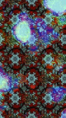 Suluboya elle çizilmiş çiçek desenli eskiz deseni. Parlak renkli fantezi çiçekleri, yapraklar, mavi ve kahverengi renkli tomurcuklar, mavi ve kahverengi.