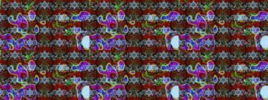 Çiçek desenli çizim. Raster illüstrasyonu. Asya tekstil tarzında. Kırmızı ve kahverengi renkte çiçekler. Raster illüstrasyonu.