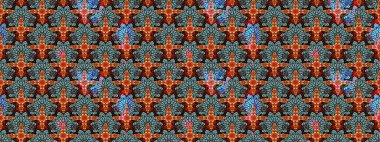 El çizimi çiçek çizimi deseni (fayans). Şirin çiçekli, desenli, mavi ve siyah renkli renkli bir eskiz deseni. Tekstil için suluboya çizim deseni.