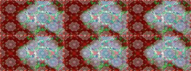 Çiçekleri, deniz kabukları, mandalaları ve suluboya efektleriyle donanma geçmişi. Kusursuz etnik tasarım. Yatak çarşafları, ceket, paket tasarımı, kumaş ve moda kavramları için tekstil baskısı.