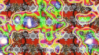 Tarafsız ve yeşil, tarafsız ve yeşil. El çizimi çiçek unsurları olan soyut çizim raster deseni. Çiçekli ipek eşarp. 1950-1960 motifleri. Retro tekstil tasarım koleksiyonu.