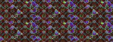 Suluboya çiçekli çiçek deseni. Raster illüstrasyonu. Kahverengi ve kırmızı renklerde Asya tekstili.