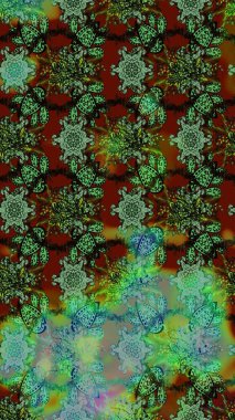 Nakış desenli çiçek deseni. Renkli grunge, koyu yeşil ve kahverengi çiçeklerle soyut bir arka plan oluşturur. İzler, kumaş, duvar kağıtları, tekstil için raster dokusu.