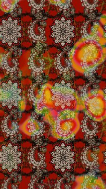 Çiçeksel kahverengi ve kırmızı çizim deseni. Raster çiçek izi. Klasik taslak çizimi. Raster Yumuşak kumaş deseni.