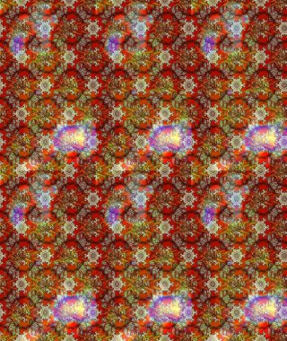 Çiçeksel çizim kalıbının yansıması. Vadinin çiçekleri kahverengi, kırmızı ve bej renklerinde.