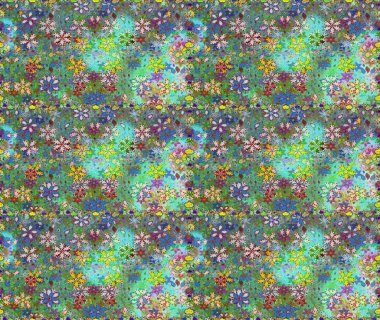 Raster Illustrasyon 'da moda olmayan çiçek deseni. Düz Çiçek Elementleri Tasarımı. Yeşil ve mavi renkte çiçekler. Renkli Yaz Temalı Kusursuz Arkaplan.