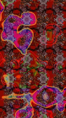 Raster illüstrasyonu. Patlayan çiçekler soyut olarak yerleştirilmiş. Raster deseni. Nazikçe, bahar çiçekleri kahverengi ve kırmızı renklerde.