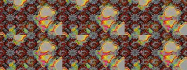 Parlak renkli çiçekleri ve gri ve kahverengi renkte yaprakları olan harika bir çiçek deseni. Moda baskıları için zarif bir şablon. Modern çiçek arkaplanı. Halk stili.