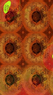 Kumaş, tekstil, duvar kağıdı baskısı için. Raster illüstrasyonu. Eskiz geçmişi. Eski usul. Renkli desenli eskiz deseni, kahverengi ve turuncu çiçekler ve dekoratif elementler.