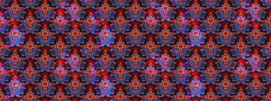 Kırmızı ve mor renkte manzaralı çiçek deseni. Üst manzara, yumuşak stil. Sevgililer günü ve tebrik kartı konsepti için şık bir davetiye. Çiçek kompozisyonu, el boyası, hassas şablon..