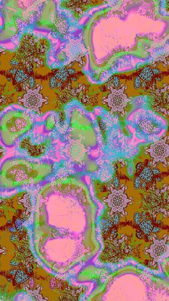 Çiçeksel çizim kalıbının yansıması. Vadinin çiçekleri pembe ve yeşil renklerde.