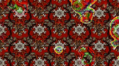 Modern çiçek arkaplanı. Moda baskıları için zarif bir şablon. Halk tarzı. Parlak renkli çiçekleri olan ve kahverengi ve kırmızı renkte yaprakları olan inanılmaz bir çiçek deseni..