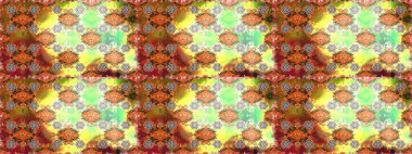 İşlemeli çiçekli, dikişsiz desen. Parmak izi, kumaş, duvar kâğıdı, tekstil için raster dokusu. Renkli grunge soyut arkaplanı colokahverengi ve turuncu çiçeklerle zenginleştirir.