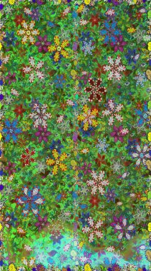 Klasik çiçek tasarımı elementleri. Raster illüstrasyonu. Yeşil ve mavi kıvırcık çiçekler yeşil ve mavi renklerde.