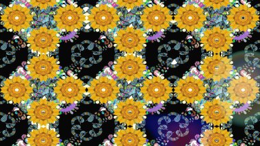 Şirin çiçekli eskiz deseni ve sarı renkli yapraklar, suluboya çiçek deseni, duvar kağıdı, kart veya kumaş için fayanslı. Raster illüstrasyonu.