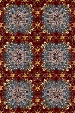 Kusursuz kraliyet lüksü, altın barok kumaş rengi. Altın antika ortaçağ dekoratifi, yapraklar ve altın desenli gri, kırmızı ve kahverengi renklerle derlenmemiş desenler..