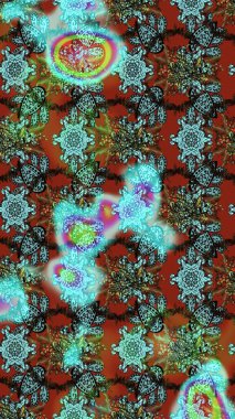 Raster çiçek desenli çiçek deseni, yapraklar, dekoratif elementler, sıçrama, lekeler, el çizimi kontur çizgileri ve Doodle çizim stili, grafik raster çizim çizimi.