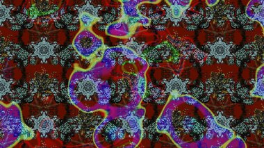 Çok kahverengi ve kırmızı zarif küçük çiçekler ve kahverengi ve kırmızı renkli komik böcekler, raster desen, illüstrasyon.