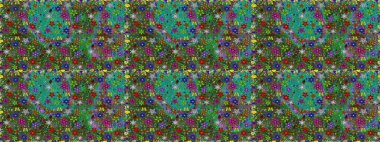 Yeşil ve mavi renkte çiçekler. Kumaş desenli papatya çiçekleri ayrıntıları.