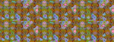 Renkli desenli eskiz deseni, yeşil ve kahverengi çiçekler ve dekoratif elementler. Eskiz geçmişi. Raster illüstrasyonu. Kumaş, tekstil, duvar kağıdı baskısı için. Antika retro tarzı.