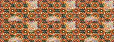 Turuncu renklerde altın desenli altın çiçekli desenler. Raster geometrik arka plan. Senin tasarımın için, duvar kağıdı. Altın rengi kusursuz illüstrasyon.