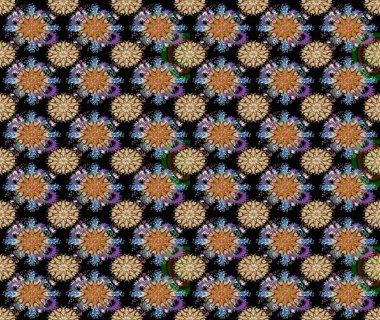 Asya tekstil tarzında. Raster illüstrasyonu. Çiçek desenli çizim. Düz Çiçek Elementleri Tasarımı. Siyah renkli çiçekler. Renkli Bahar Teması çizim şablonu.