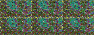 Yeşil ve mavi renkte çiçekler. Kumaş desenli papatya çiçekleri ayrıntıları.