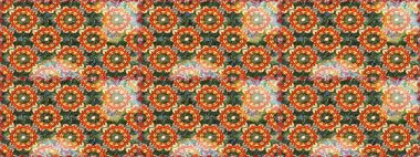 Turuncu renklerde altın desenli altın çiçekli desenler. Raster geometrik arka plan. Senin tasarımın için, duvar kağıdı. Altın rengi kusursuz illüstrasyon.