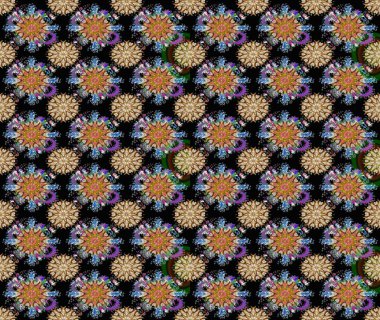 Asya tekstil tarzında. Raster illüstrasyonu. Çiçek desenli çizim. Düz Çiçek Elementleri Tasarımı. Siyah renkli çiçekler. Renkli Bahar Teması çizim şablonu.