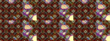 Çiçek desenli çizim. Raster illüstrasyonu. Asya tekstil tarzında. Kahverengi ve gri renkli çiçekler. Raster illüstrasyonu.