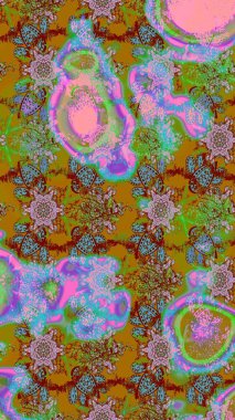 Flowers on green and brown colors. Raster floral pattern in doodle style with flowers. Gentle, tender floral background.