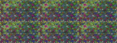 Yumuşak, bahar çiçekleri yeşil ve mavi renklerde. Raster illüstrasyonu. Yaprak ve çiçeklerin suluboya resmi, yeşil ve mavi renklerde kusursuz desen.