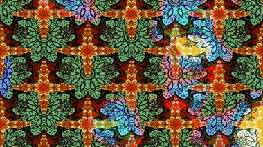 Yeşil ve siyah renkli etnik çiçeklerle süslenmiş zarif bir eskiz şekli. Raster Çiçek İllüstrasyon Şirin Tekstil.