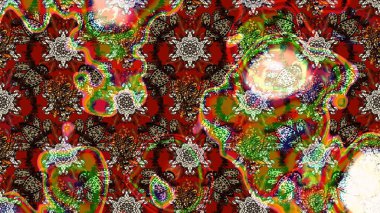 Çok kahverengi ve kırmızı zarif küçük çiçekler ve kahverengi ve kırmızı renkli komik böcekler, raster desen, illüstrasyon.