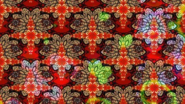 Üzerinde gelincikler ve vadi zambakları olan renkli çiçek desenli nakış deseni. Tekstil tasarımı için kırmızı renkte geleneksel Raster çiçek buketi.