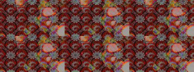 Parlak renkli çiçekleri ve kahverengi ve kırmızı renkte yaprakları olan harika bir çiçek deseni. Moda baskıları için zarif bir şablon. Modern çiçek arkaplanı. Halk stili.